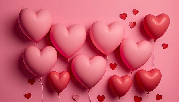 Heart shaped balloons on pink background, Valentine's Day celebration