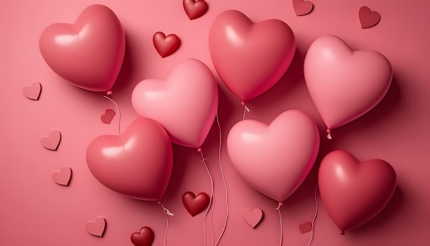 Heart shaped balloons on pink background, Valentine's Day celebration