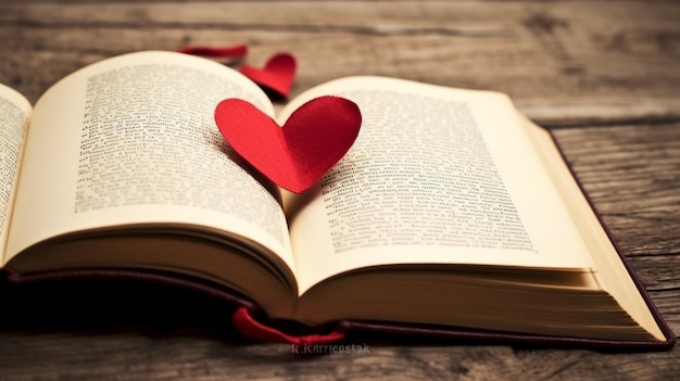 A heart shaped book with a red heart on the pages.