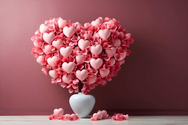 Heart shaped bouquet of pink paper hearts in a white vase