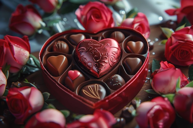 heart shaped box of chocolates and a bouquet of roses symbolizing love and romance on Valentines