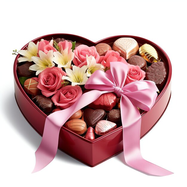 Photo a heart shaped box of chocolates and candy with roses flower and hearts valentines chocolate gift