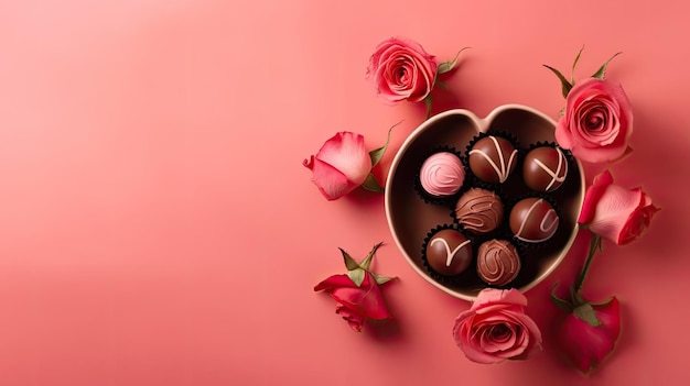 A heart shaped box of chocolates with pink roses on a pink background