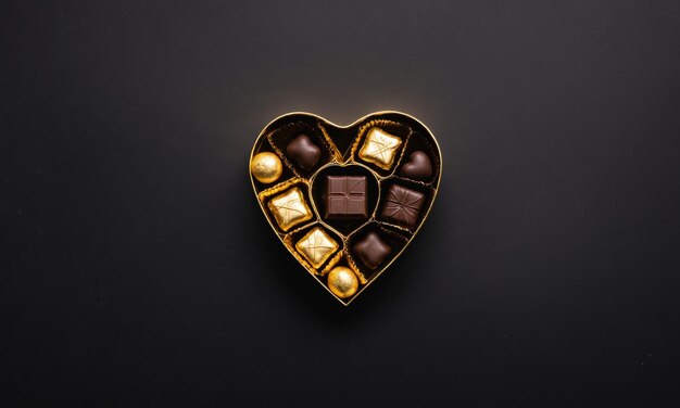 Heart shaped box filled with chocolate candies on black background