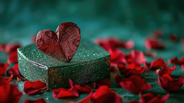 Heart shaped box with gifts and red rose petals on green background Ai Generated