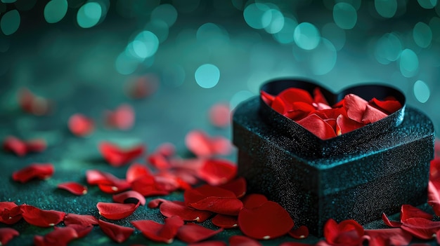 Heart shaped box with gifts and red rose petals on green background Ai Generated