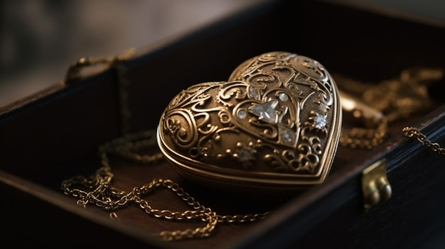 A heart shaped box with a gold chain and a gold heart shaped pendant.