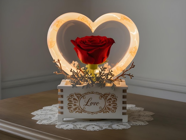 a heart shaped box with a rose inside of it