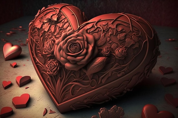 a heart shaped box with roses and a candle in the background.