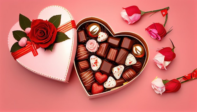 Heart shaped box with tasty chocolate candies roses a