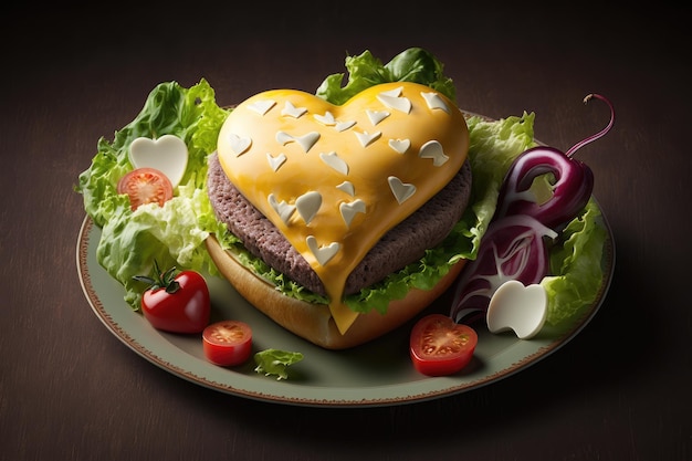 Heart shaped burger with molten cheese and salad on top