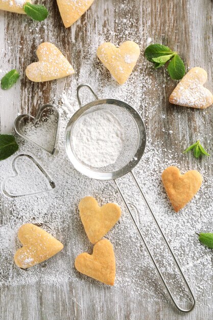 Heart shaped butter cookies on table