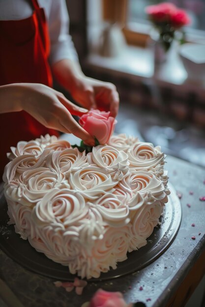 Photo heart shaped cake decorated with icing roses for celebration and affection