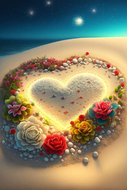 Heart shaped cake sitting on top of a sandy beach generative ai