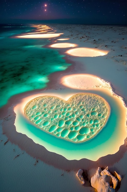 Heart shaped cake sitting on top of a sandy beach generative ai