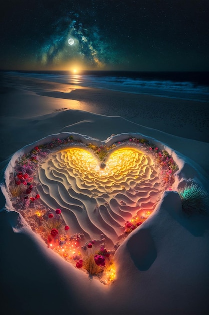 Heart shaped cake sitting on top of a sandy beach generative ai