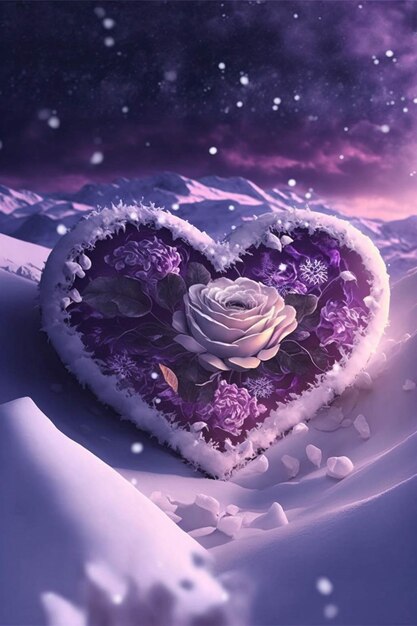 Heart shaped cake sitting on top of snow covered ground generative ai