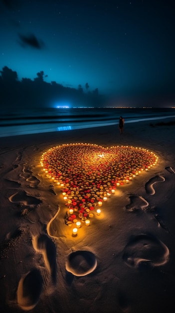 Heart shaped candle light on the beach