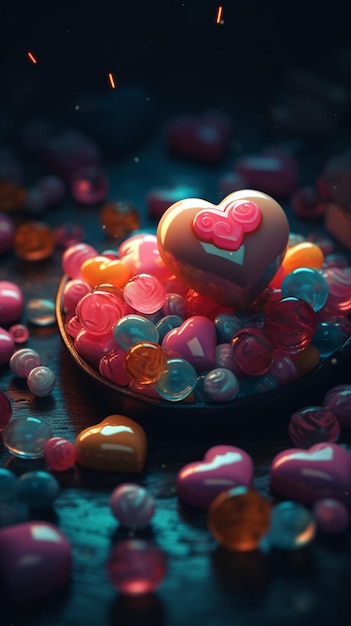 A heart shaped candy bowl with a red heart on it.