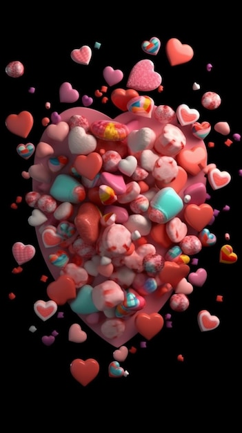 A heart shaped candy is surrounded by many colorful candies.