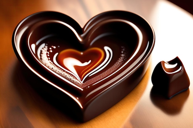 A heart shaped chocolate bar on a wooden background