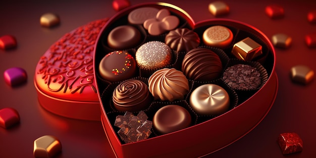 heart shaped chocolate box with assorted chocolates inside on red vivide background