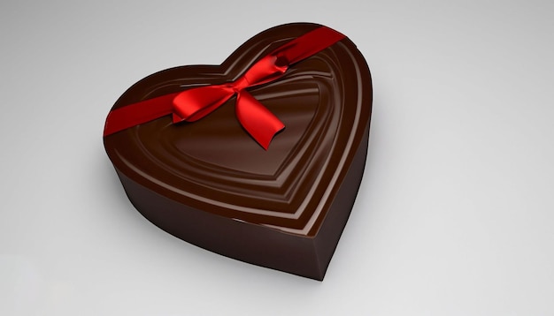 A heart shaped chocolate box with a red ribbon tied around it.