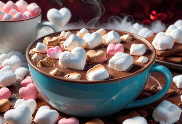 a heart shaped chocolate cake with chocolate and marshmallows in the background