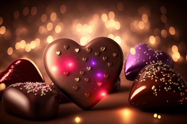 Heart shaped chocolate candies on the background of festive lights Valentines day Generative AI