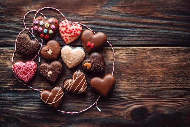 A heart - shaped chocolate cookie is surrounded by a string of chocolate hearts.