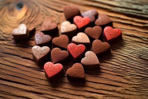 A heart shaped chocolate hearts are on a wooden table.