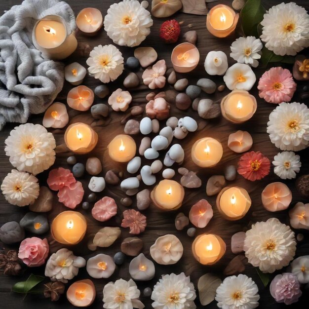 Photo a heart shaped circle of flowers and candles with a heart shaped center