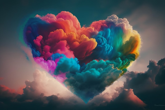 A heart shaped cloud with a rainbow colored heart in the middle.