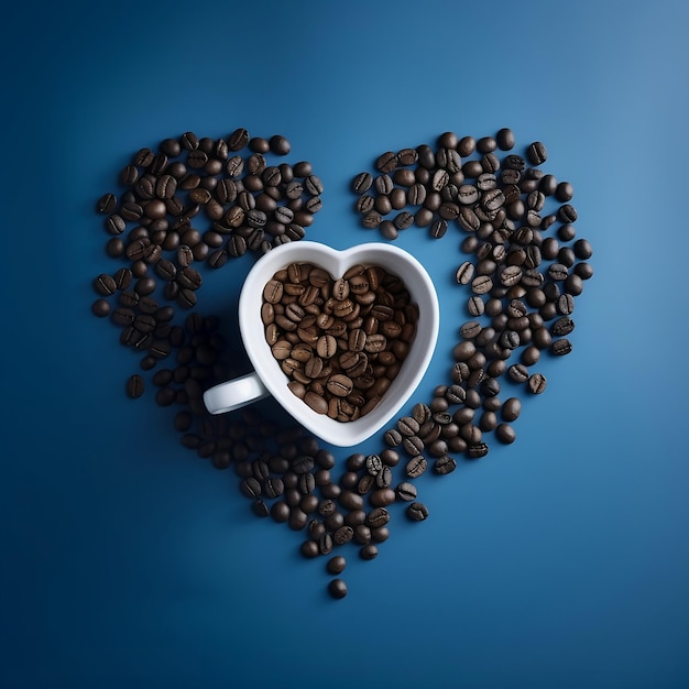 A heart shaped coffee beans are scattered around a coffee cup.