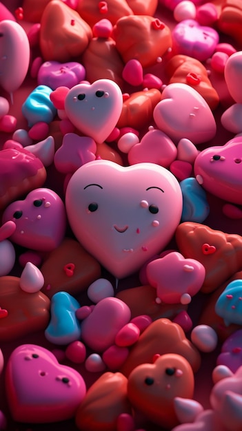 A heart shaped cookie is surrounded by other hearts.