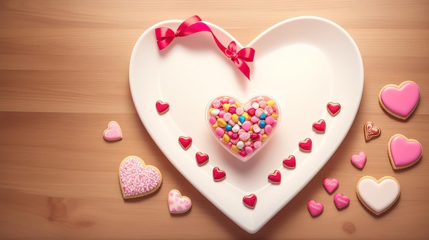 A heart shaped cookie with a pink bow and a heart shaped cookie on a white plate.