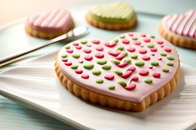 A heart shaped cookie with pink and green hearts on it.