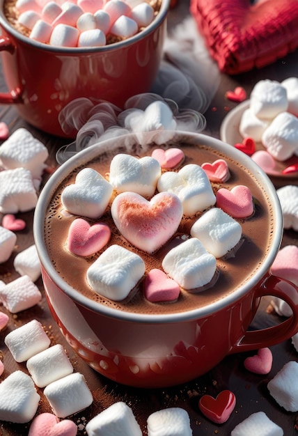 a heart shaped cup of chocolate with hearts and hearts on it