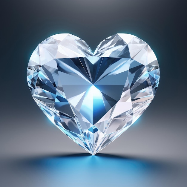 A heart shaped diamond with a blue light shining on it.