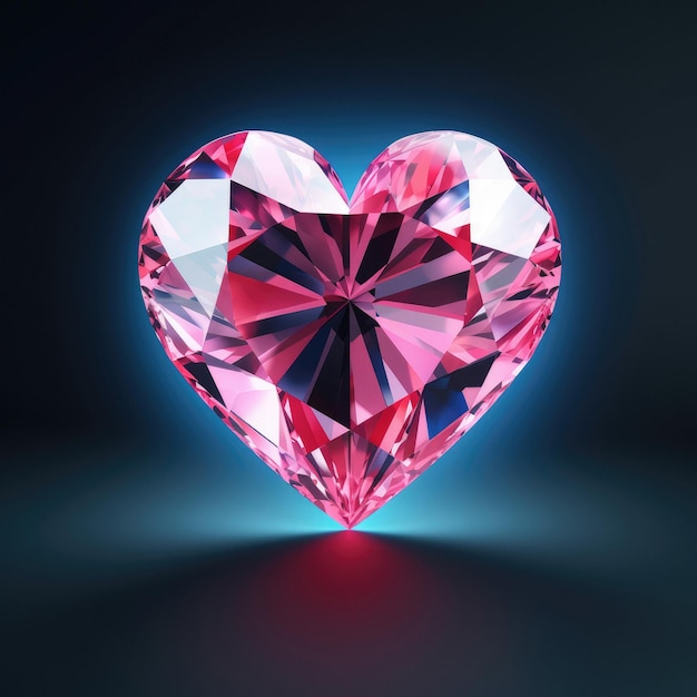 A heart shaped diamond with a bright blue light behind it.