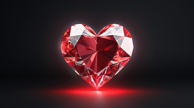 A heart shaped diamond with a red light shining through it.