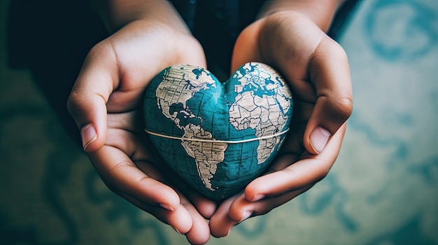 A heart shaped earth is held in a child's hands.