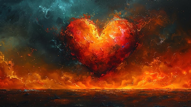 a heart shaped fire in the ocean with a heart in the background