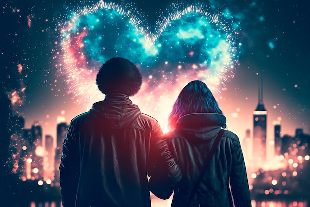 Heart shaped fireworks Lovers couple background night city Valentine Day Generative AI