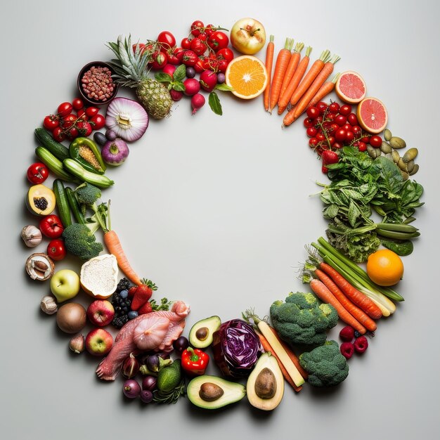 a heart shaped frame with a bunch of fruits and vegetables on it