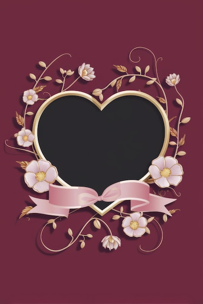 Heart Shaped Frame With Flowers and Pink Ribbon