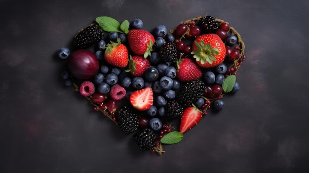 A heart shaped fruit basket with berries in it