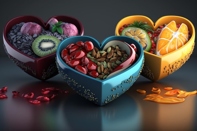 A heart shaped fruit box with fruits in the middle