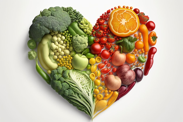 A heart shaped fruit and vegetables with the word love on it.