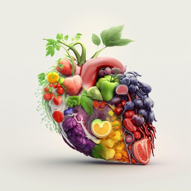 Heart Shaped Fruits and Veggies Freshness Wellbeing Created with generative AI technology